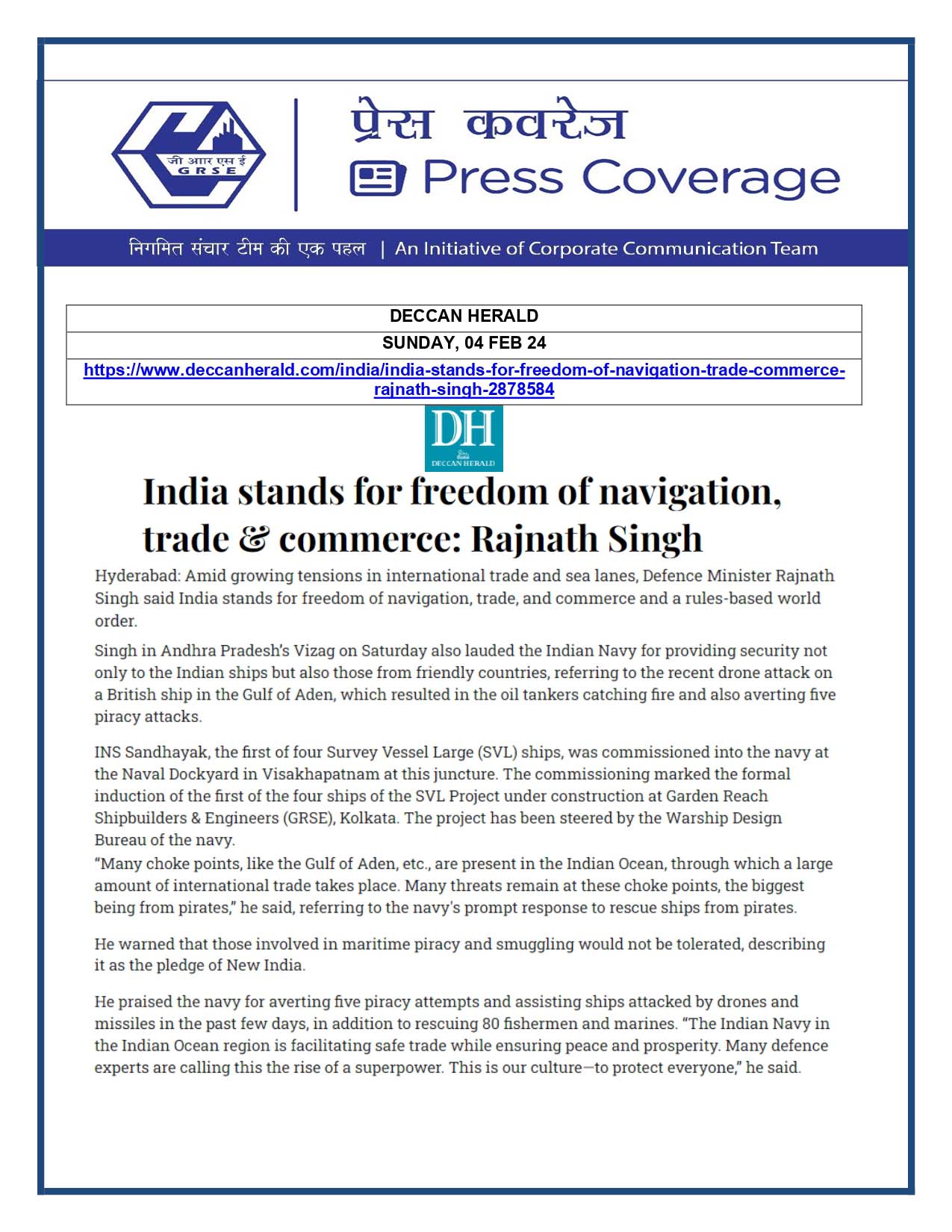 Press Coverage : Deccan Herald, 04 Feb 24 : India stands for freedom of navigation, trade & commerce
